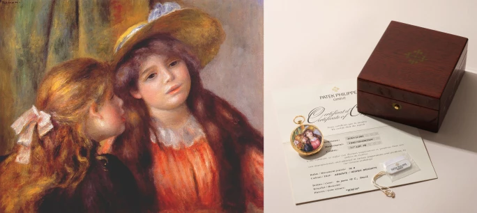 雷諾瓦《Portrait of Two Girls》，1890至1892年作，油畫畫布；百達翡麗「Renoir」型號974/11獨一無二黃金懷錶，備蘇珊．羅爾繪製的微繪琺瑯作品，約1997年製