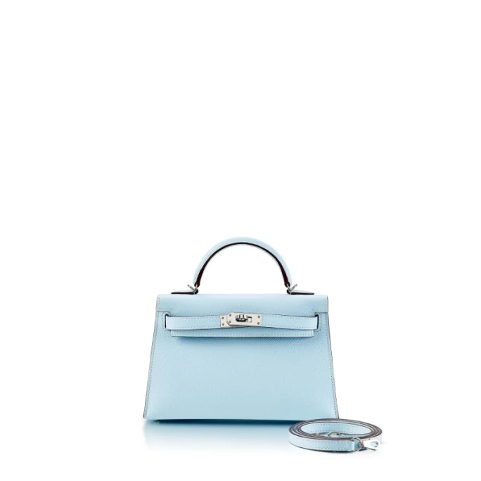 愛馬仕 霧藍色Epsom小牛皮20公分迷你凱莉包二代，配鍍鈀金屬件，2021年