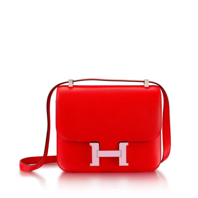 愛馬仕 心紅色及森林紫色 Epsom 小牛皮 24公分 Constance 包，配鍍鈀金屬件，2019年